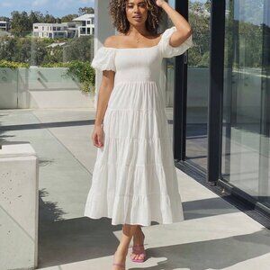 Zesica White Smocked Midi Dress Size M Off Shoulder Tiered Boho Coastal Cottage